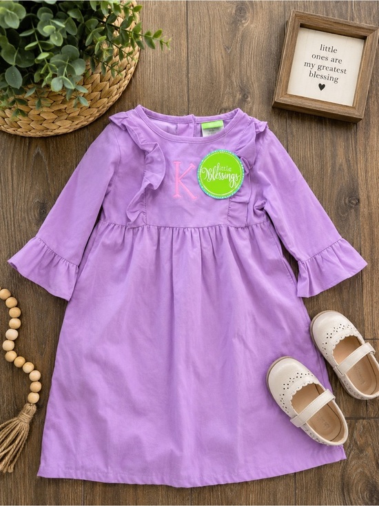 Classic Whimsy Other - Girls Lilac Purple Smocked Ruffle-Trim Long Sleeve Dress K Monogram Embroidered